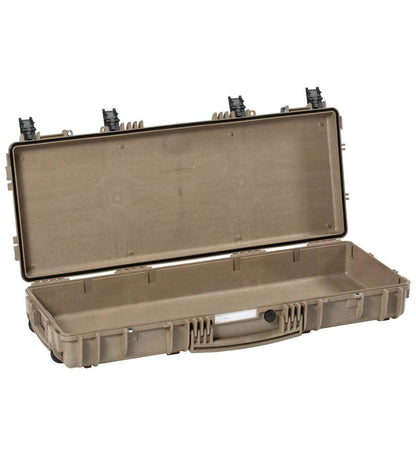 The Explorer 9413 is a tan hard-shell waterproof case shown open with an empty interior, visible latches and handle; optional foam inserts offer extra protection.