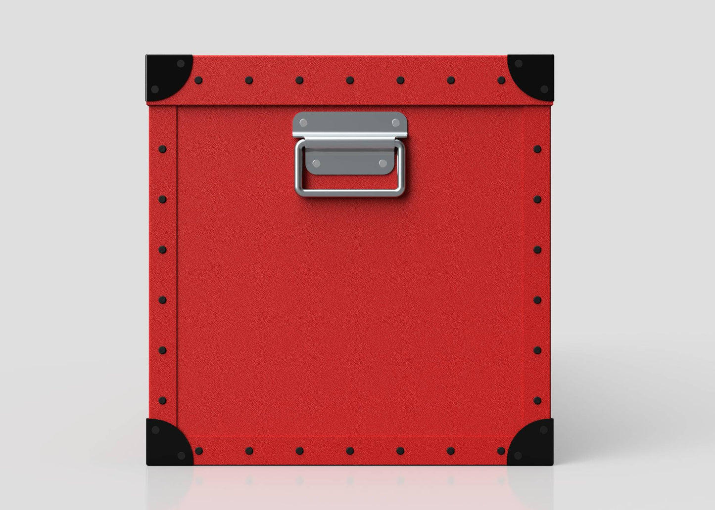 The Football Storage Poly Case (Large) is a red polyethylene box with black corner protectors, a zinc drop handle, and a webbing buckle, shown against a plain light background.