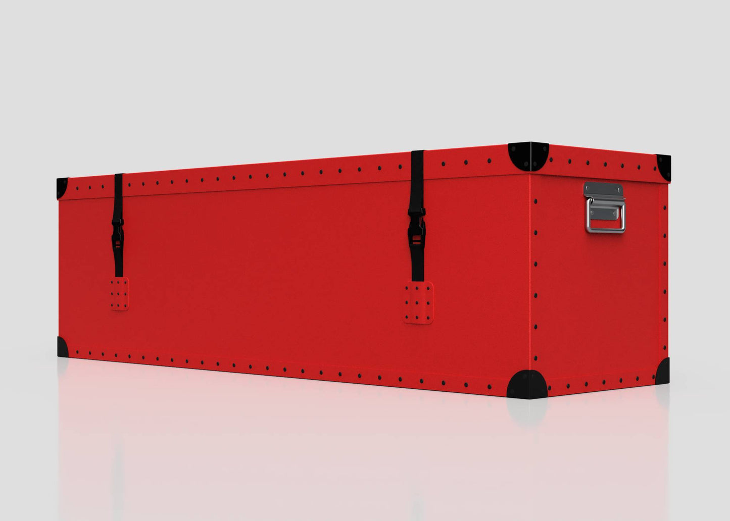 The Football Storage Poly Case (Large) is a red, rectangular polyethylene box with black corner protectors, webbing buckle straps, and a zinc drop handle, shown against a plain white background.