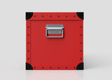 The Football Storage Poly Case (Medium) is a red polyethylene box with black corner protectors and a zinc drop handle, displayed against a plain white background.