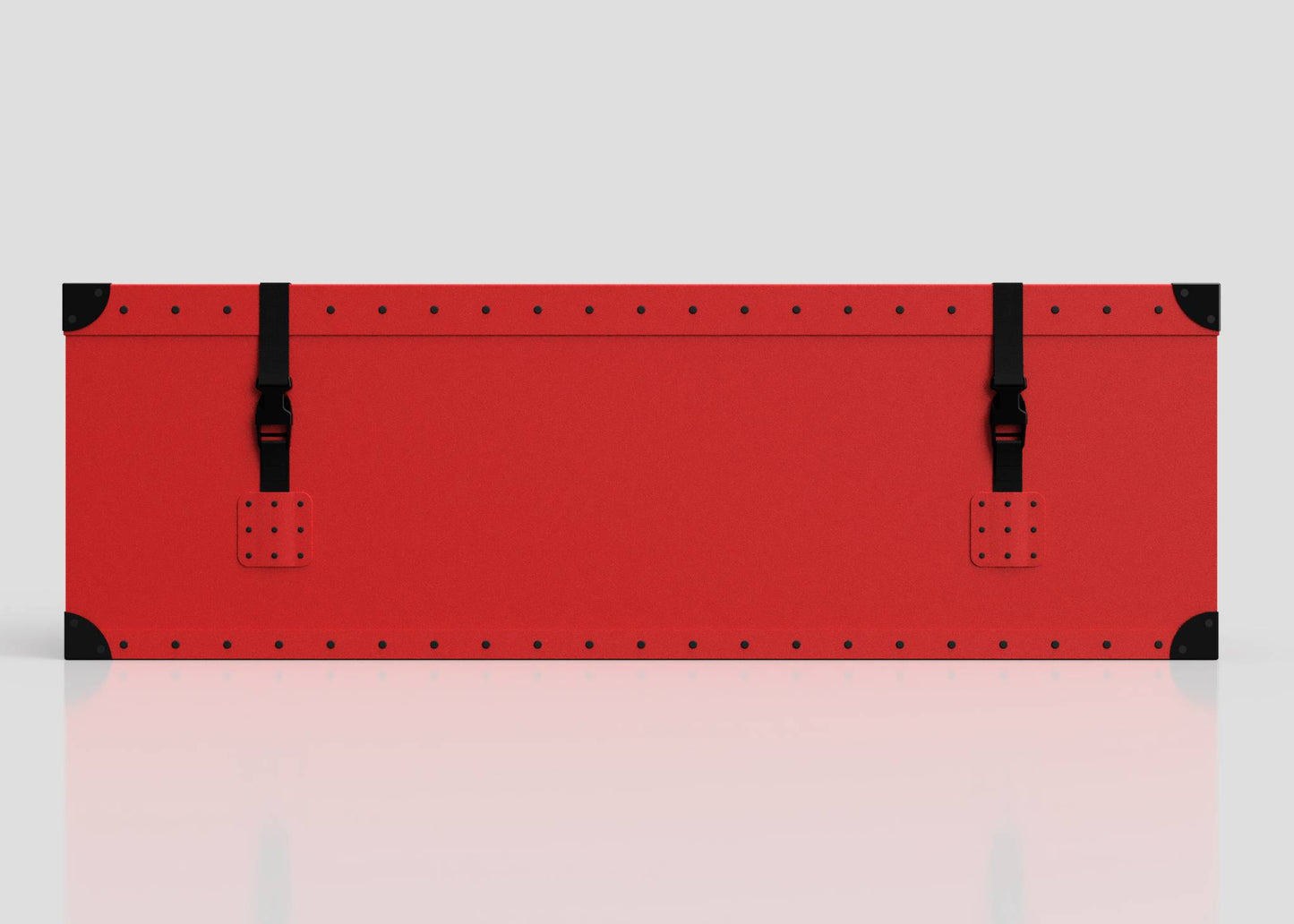 A medium red Football Storage Poly Case with black reinforced corners, zinc drop handle, and two black webbing side-release buckles, shown on a plain light background.