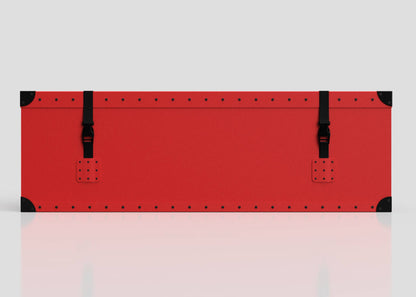 A medium red Football Storage Poly Case with black reinforced corners, zinc drop handle, and two black webbing side-release buckles, shown on a plain light background.