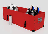 A red Football Storage Poly Case (Small) with a zinc drop handle holds a soccer ball and cleats; a water bottle sits outside next to the case.