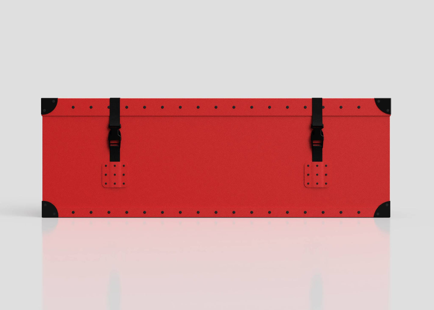 The Football Storage Poly Case (Small) is a rectangular red polyethylene box with black corner protectors, riveted edges, a zinc drop handle, and two black buckle straps on the front, shown against a plain light background.