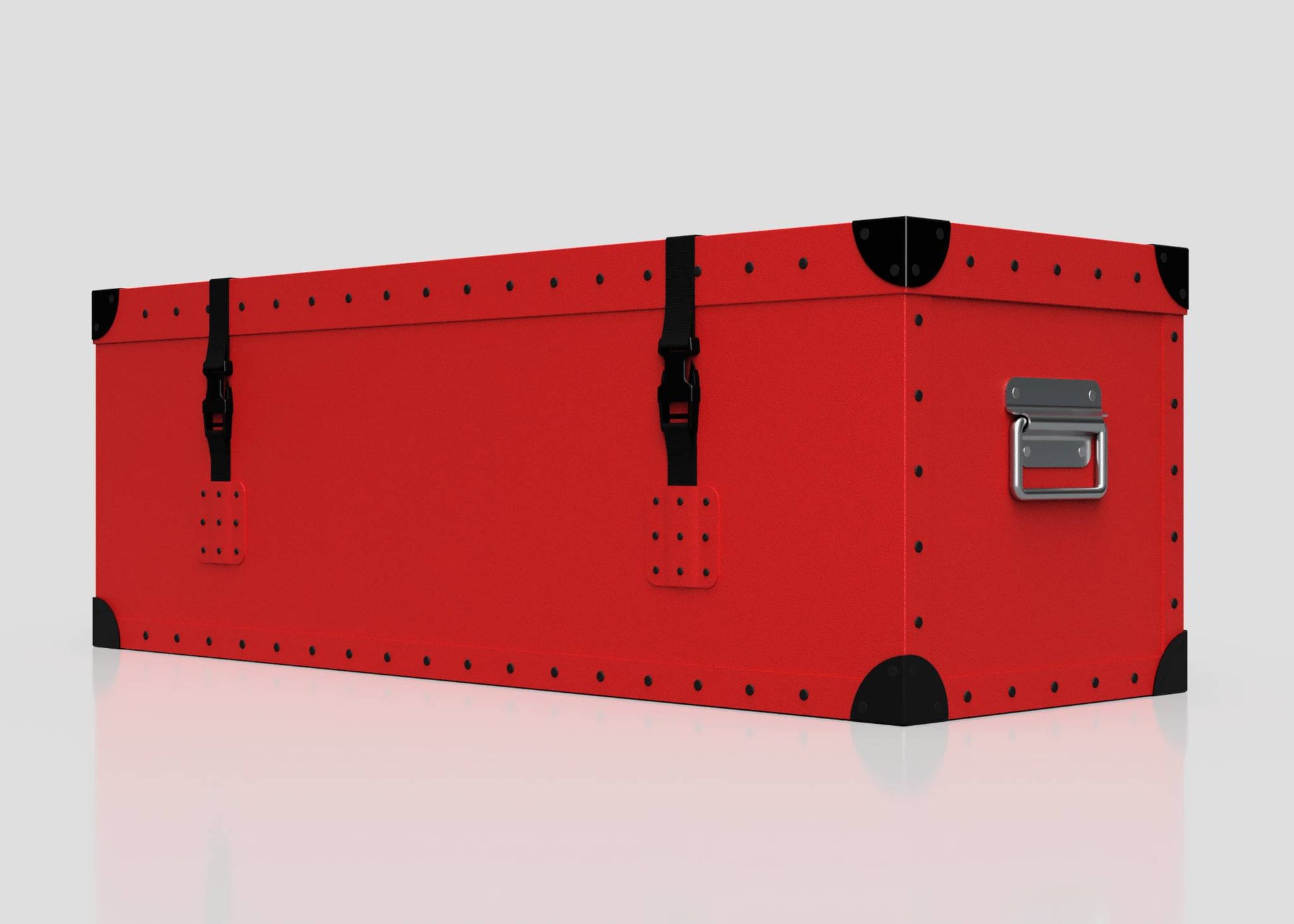 A small, rectangular red Football Storage Poly Case with black corner reinforcements, black latches, and a sturdy zinc drop handle on the right side, set against a plain light background.