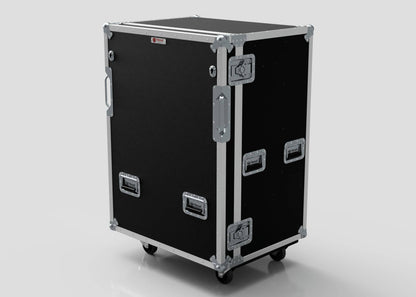 The Games Console Entertainment Case is a large black road case with metal reinforcements, handles, and latches. Upright on four wheels, it measures 817 x 646 x 1217 mm—perfect for use as a mobile storage cabinet.