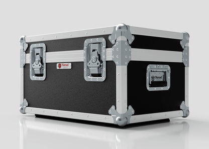 The Hazer Jem ZR45 Smoke Machine Case, a black and silver external storage box with metal edges, reinforced corners, two latches, and a handle, is placed on a white surface.