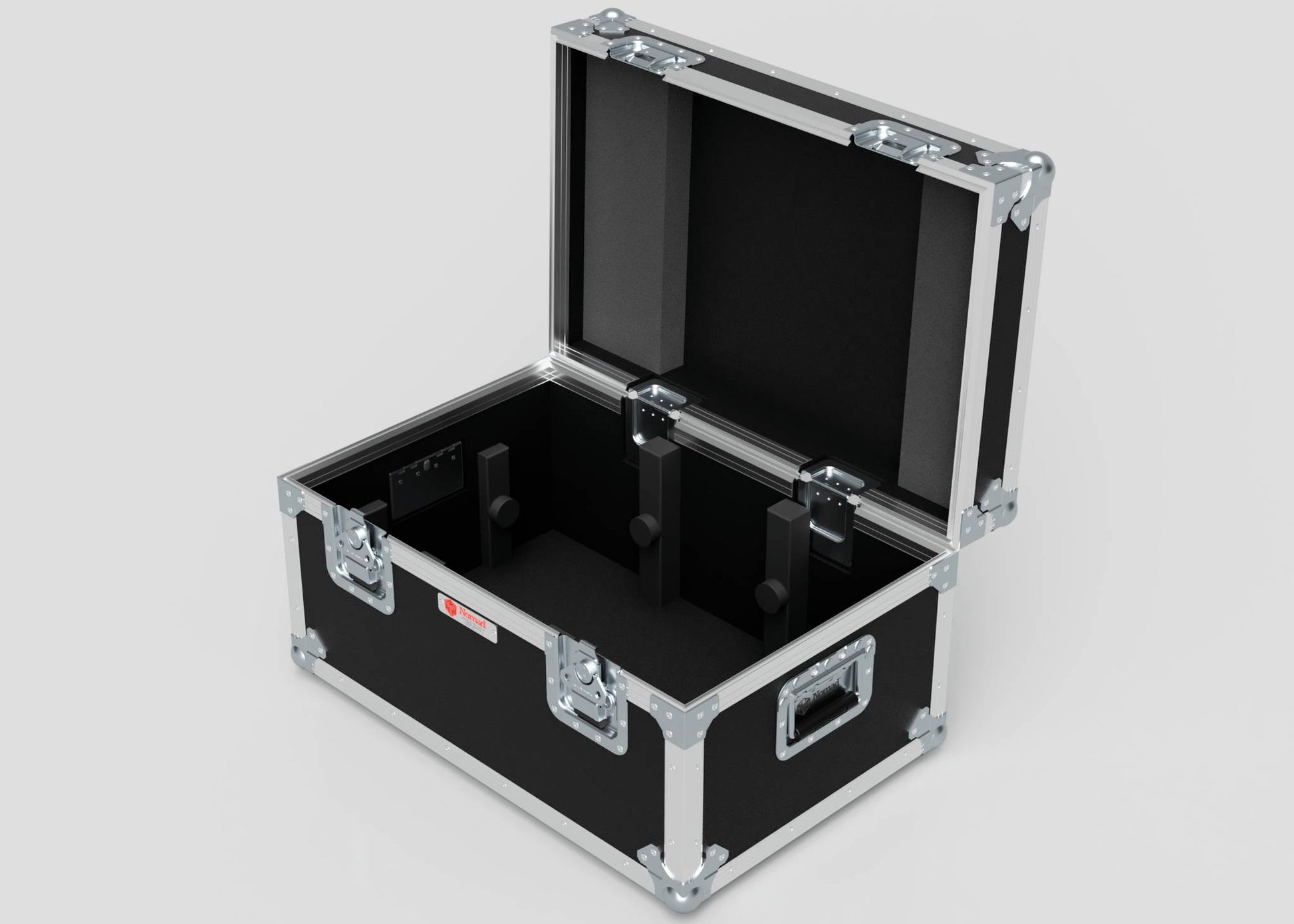 The Hazer Jem ZR45 Smoke Machine Case is a black hard-shell case with metal corners and handles, open to show a foam-lined interior with adjustable dividers.