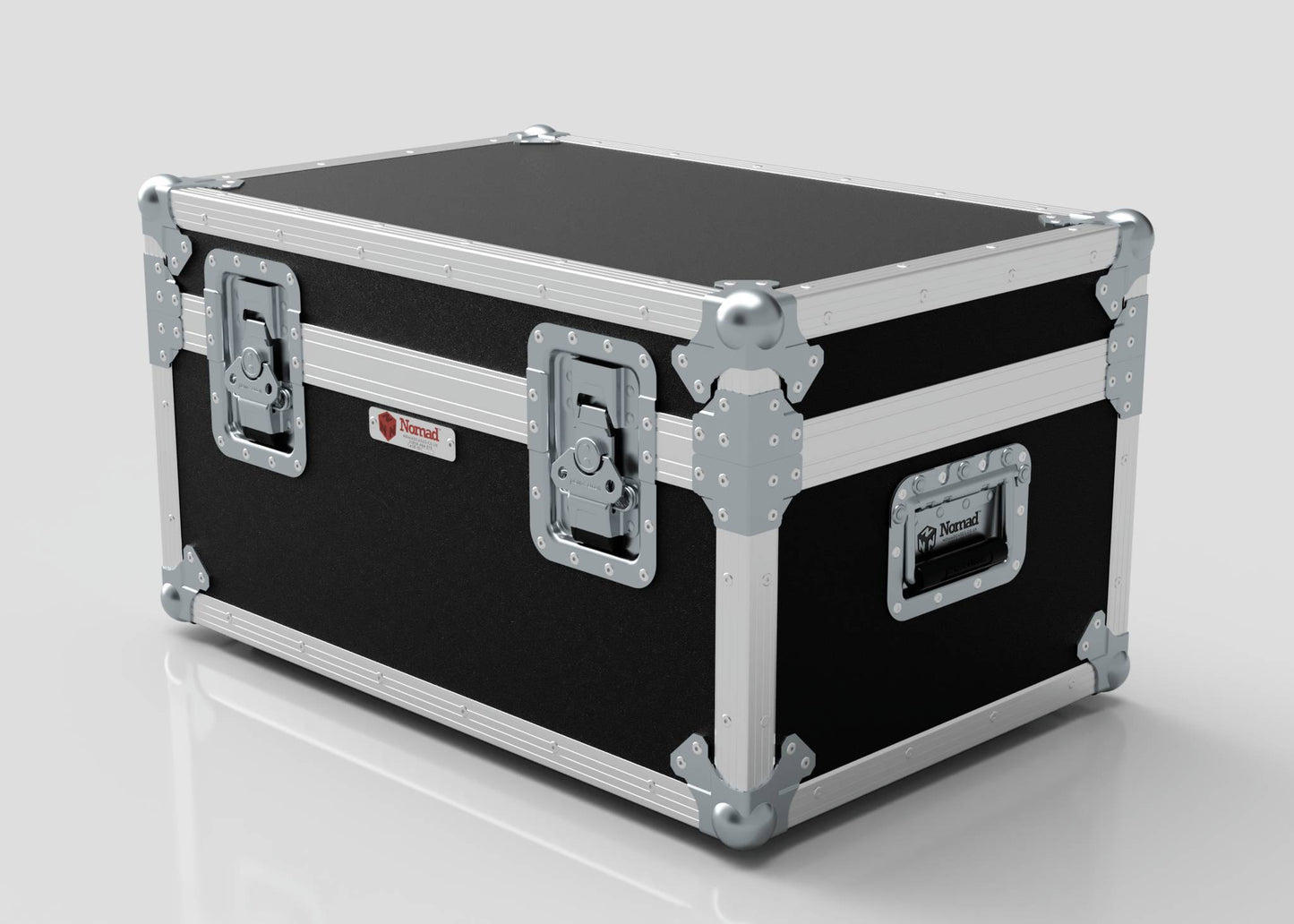 The Hazer Jem ZR45 Smoke Machine Case is a black and silver external storage box with metal reinforced corners, latches, and handles, shown on a white surface.