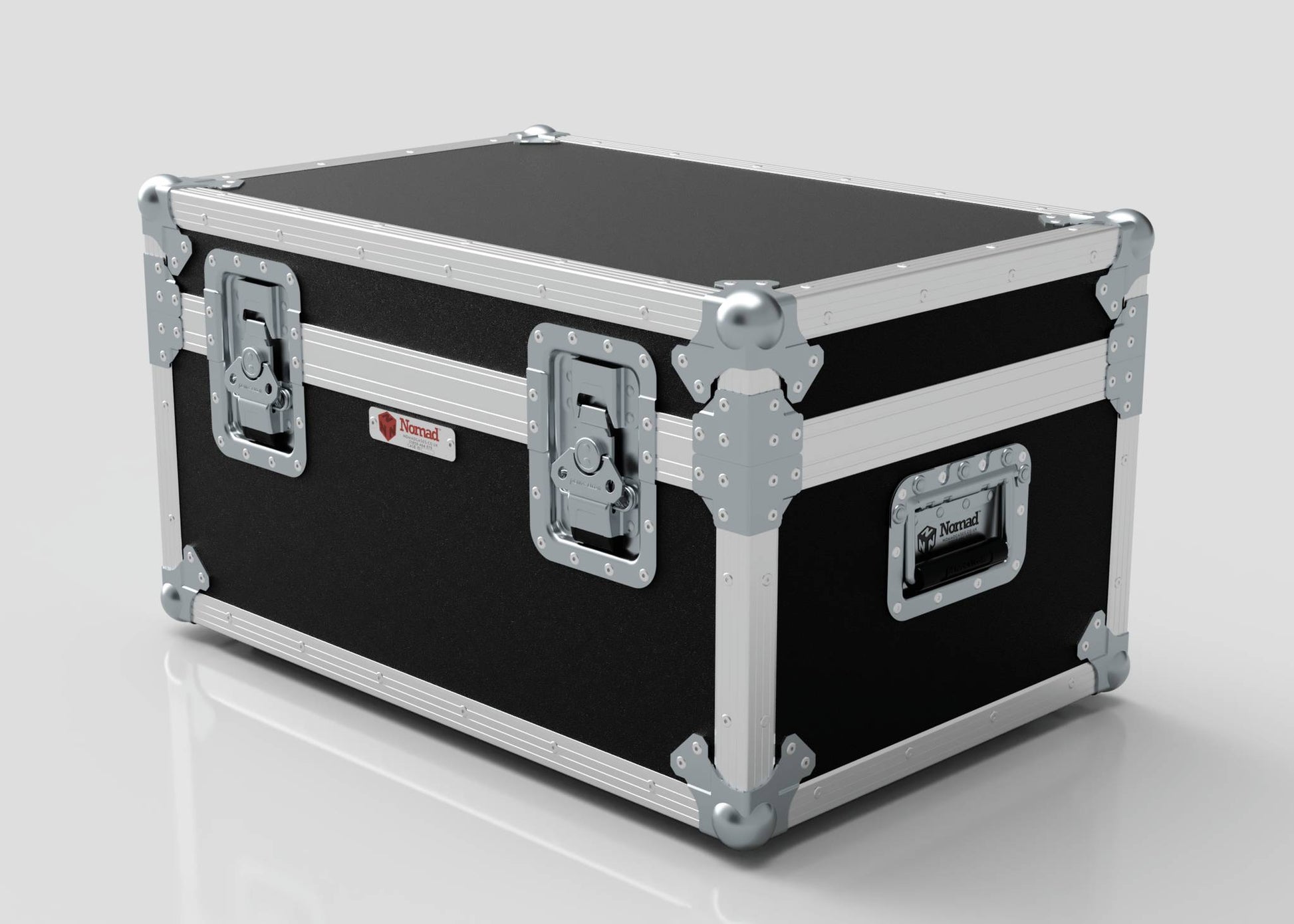 The Hazer Jem ZR45 Smoke Machine Case is a black and silver external storage box with metal reinforced corners, latches, and handles, shown on a white surface.