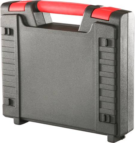 The Heavy 4001 is a black plastic injection moulded case with a red handle, secure cantilever locks, and custom profile foam sets, shown standing upright on a white background.