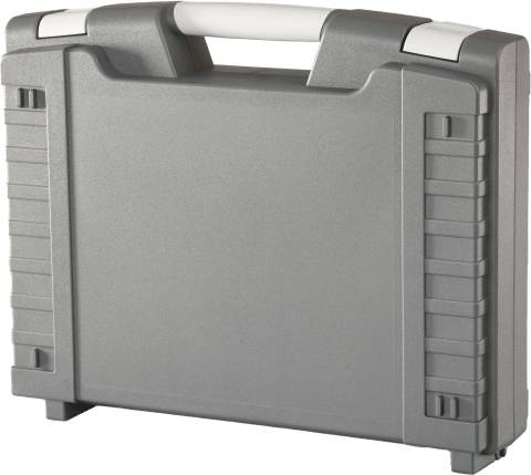 The Heavy 4010 is a closed, gray plastic injection-molded case featuring a white handle and side clasps. Medium-heavy duty, it stands upright against a plain background.