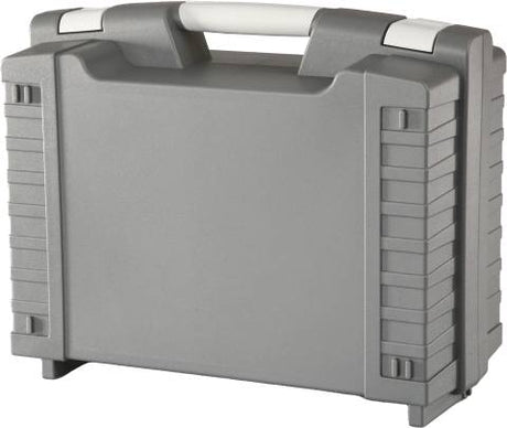 The Heavy 4014 is a closed gray plastic injection-moulded case with a white handle, reinforced corners, and ribbed sides for durability and secure stacking—ideal for medium-heavy duty use.