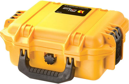 The iM2050 Storm Case is a yellow hard plastic PELI case with black latches, a handle, and a top label—offering crushproof protection.