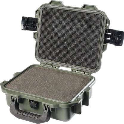 Open green hard plastic iM2050 Storm Case with foam padding visible in lid and base, designed as a crushproof case for safe storage and transport of items.
