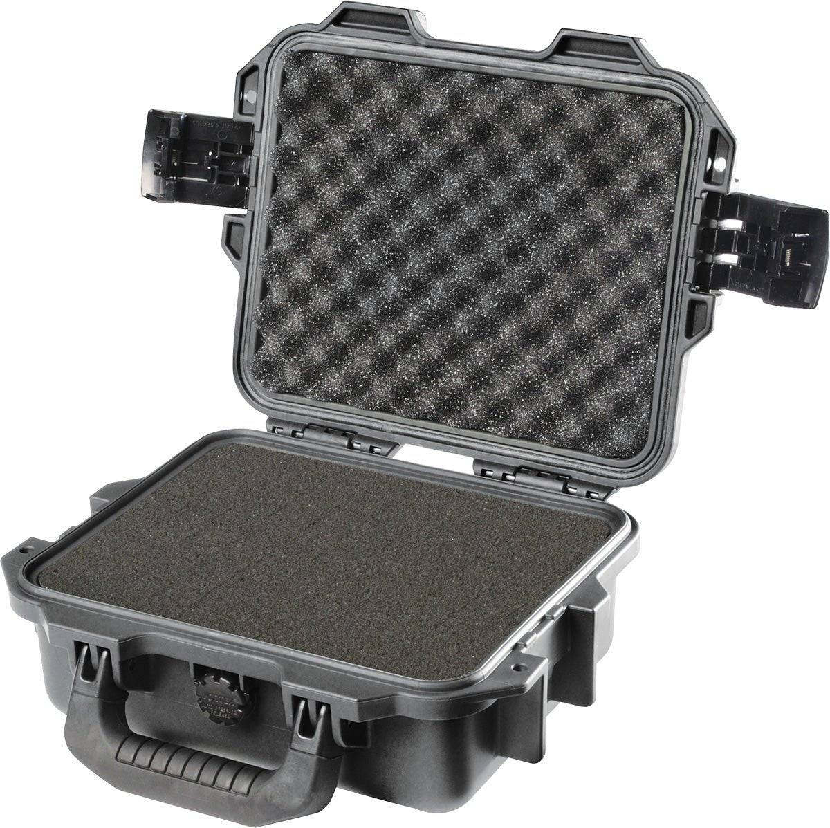 The iM2050 Storm Case is a hard plastic case with foam padding, shown open with unlocked latches and front handle; this crushproof case keeps your gear reliably protected.