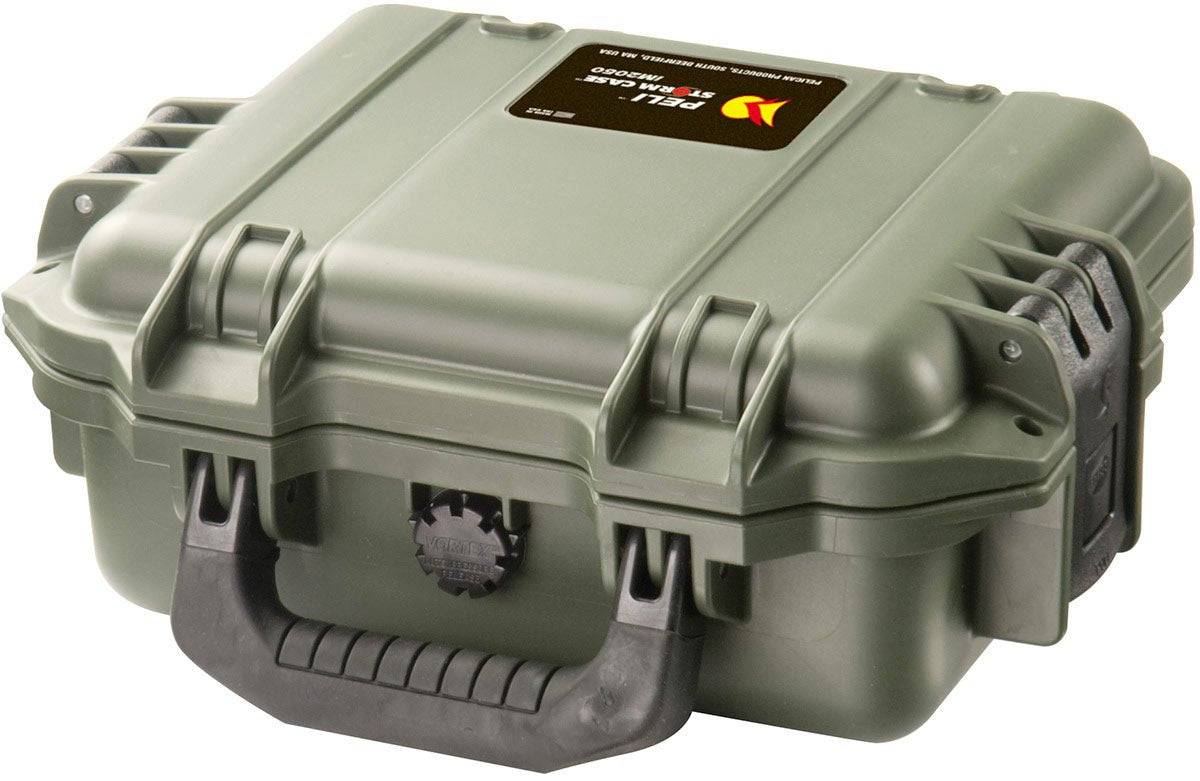 Rugged green hard plastic iM2050 Storm Case with black latches and handle. Labeled on the lid, this crushproof case offers durable, secure protection for your gear in any conditions.