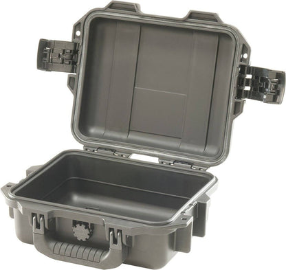 The iM2050 Storm Case is a black hard plastic PELI case with a hinged lid open, revealing an empty interior and two side latches. This crushproof case provides rugged protection for your valuables.