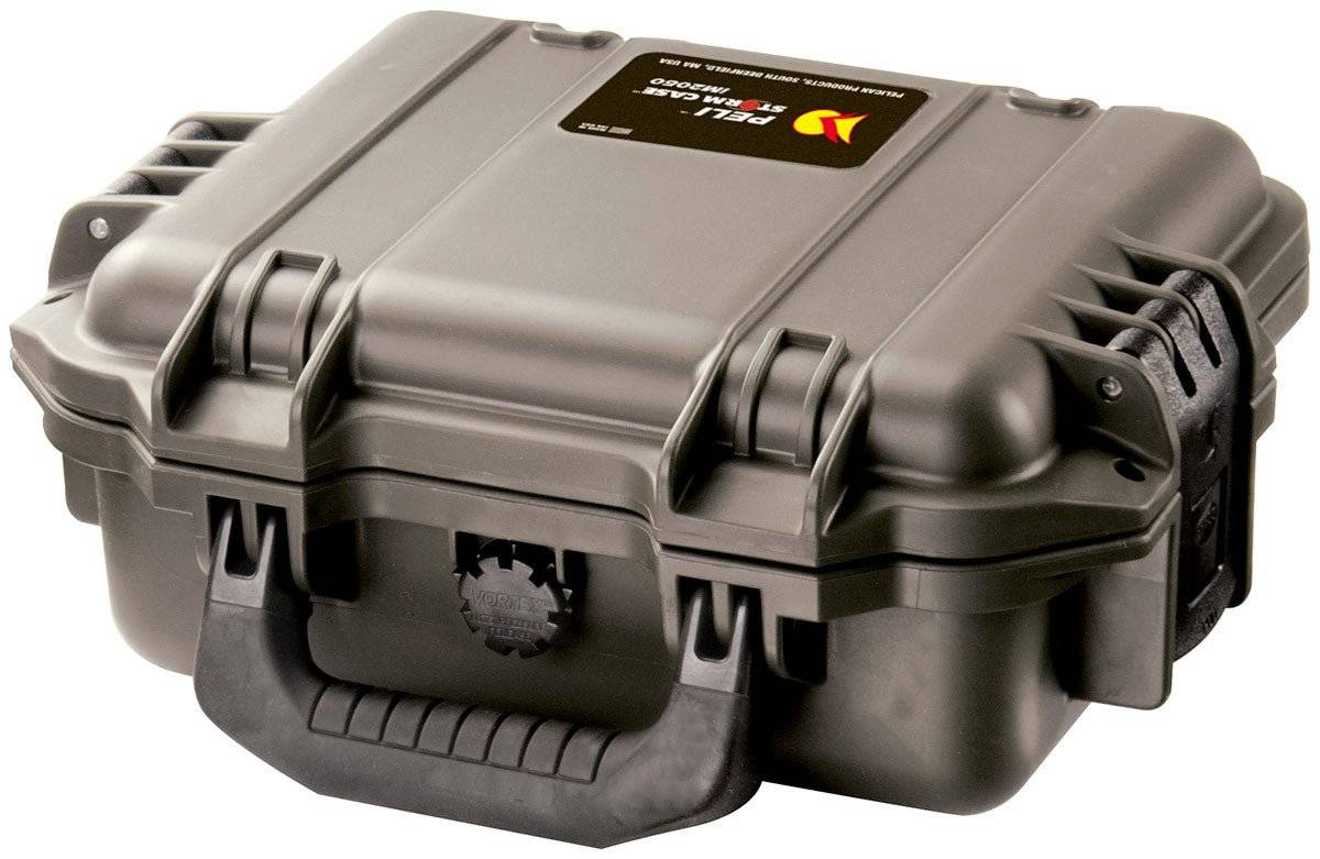A closed, hard-shell iM2050 Storm Case with a black handle and latches, designed as a crushproof protective storage and transport case.
