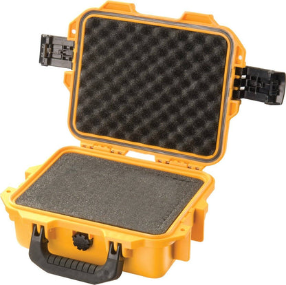 A yellow iM2050 Storm Case with black foam padding is shown open, highlighting its durable latches and handle. This crushproof case delivers rugged protection for your gear.