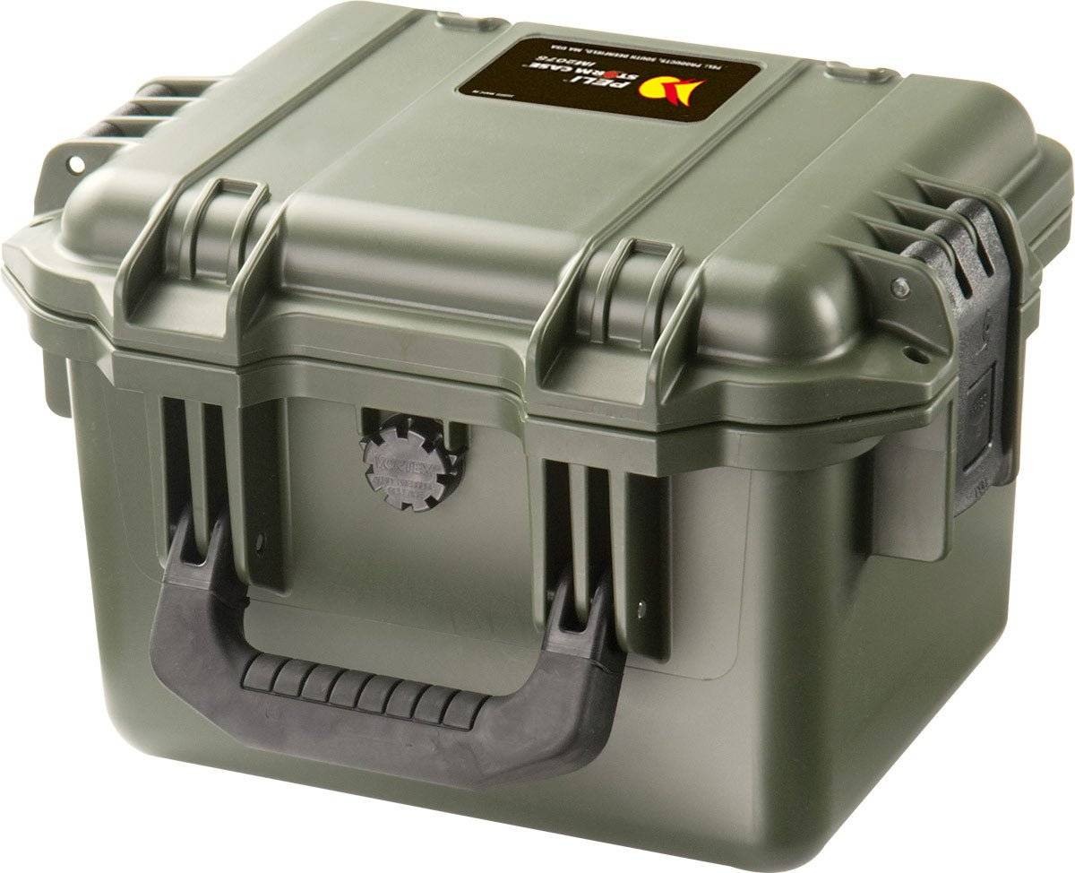 The iM2075 Storm Case is a green hard plastic PELI case with a black handle and side latches, offering crushproof and watertight protection for your valuables.