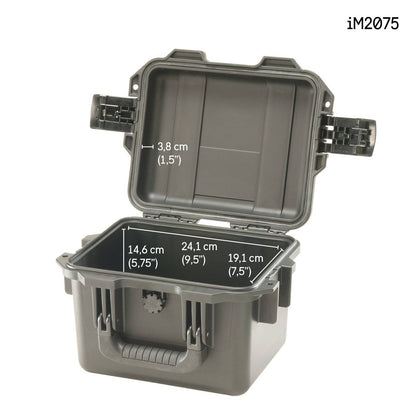 A grey hard plastic iM2075 Storm Case is shown open. This crushproof case features interior dimensions of 3.8 cm tall, 24.1 cm long, and 19.1 cm wide.
