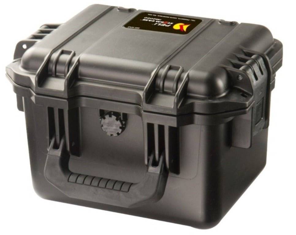 A black iM2075 Storm Case hard plastic protective case with handle and secure latches, shown closed on a white background. This crushproof case is ideal for protecting valuables during travel or storage.