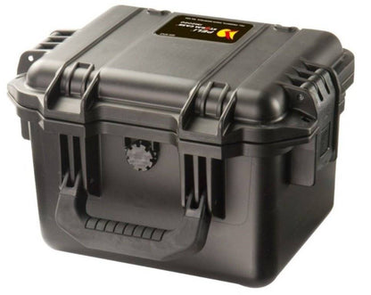 A black iM2075 Storm Case hard plastic protective case with handle and secure latches, shown closed on a white background. This crushproof case is ideal for protecting valuables during travel or storage.