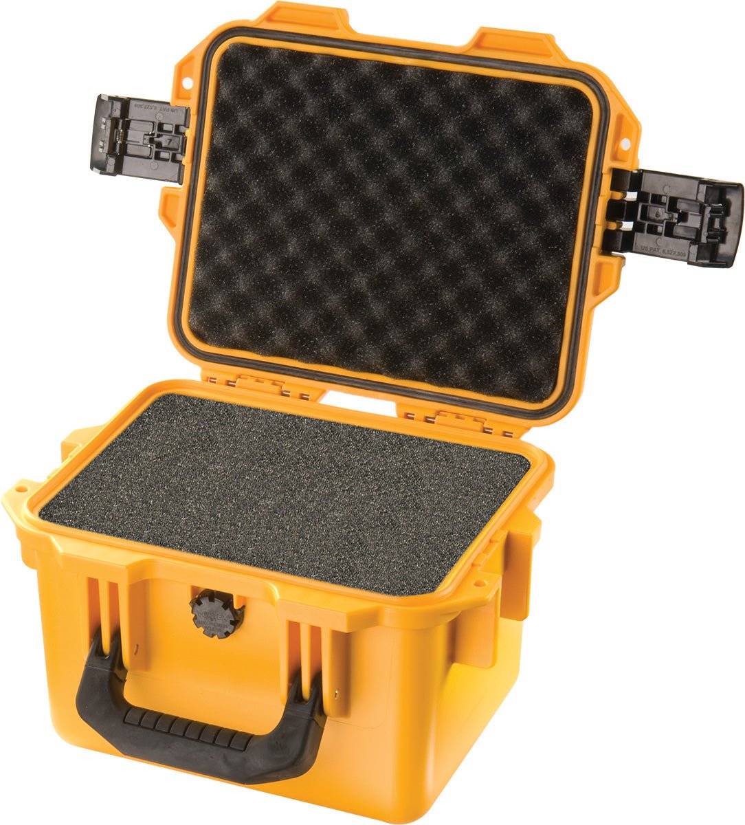 The iM2075 Storm Case is a yellow hard plastic case with a handle, open to show foam padding in the lid and base; this crushproof case reliably protects your gear.