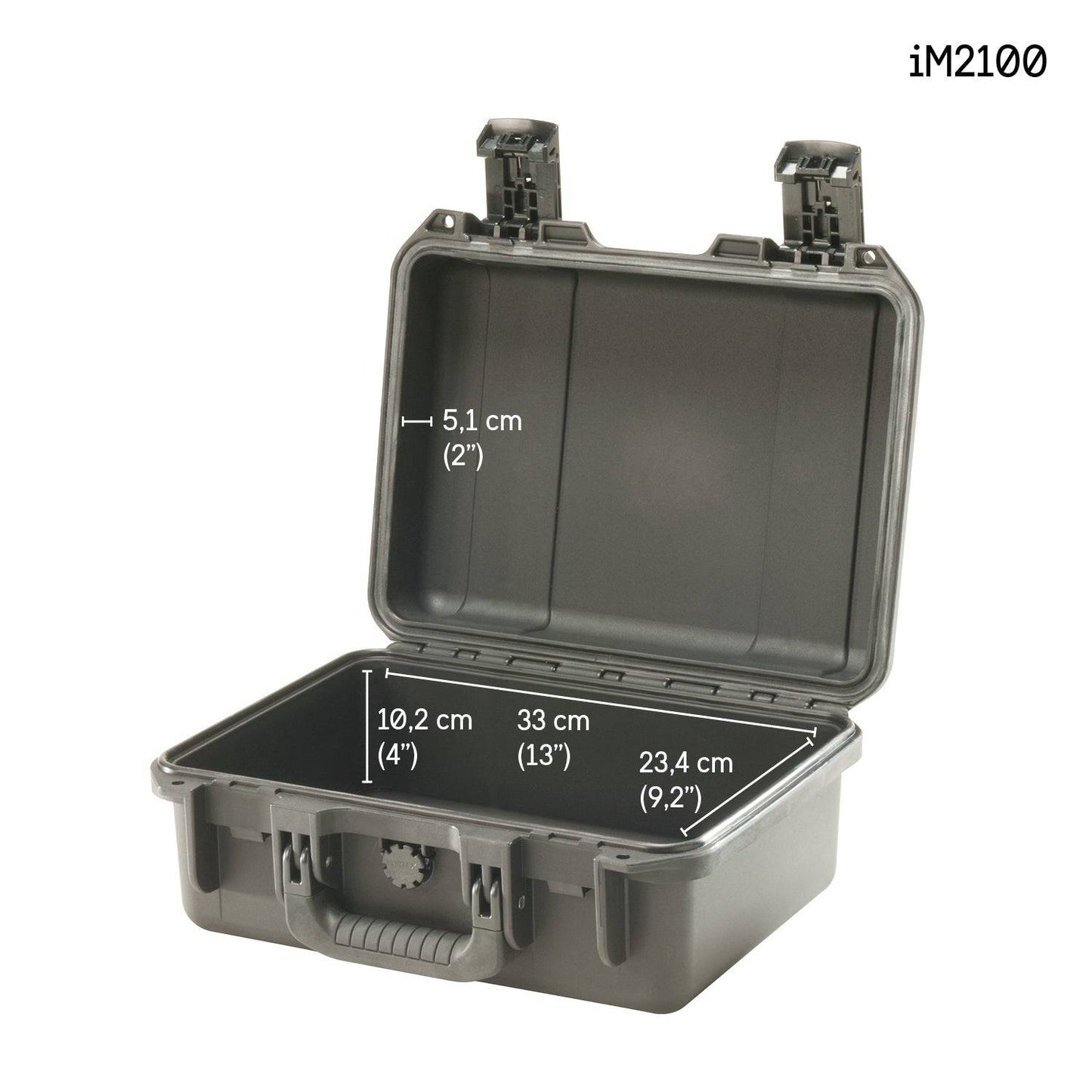 The iM2100 Storm Case is shown open with measurements: 5.1 cm height, 10.2 cm depth, 33 cm width, and 23.4 cm length. This watertight case has two latches and a handle for secure transport.