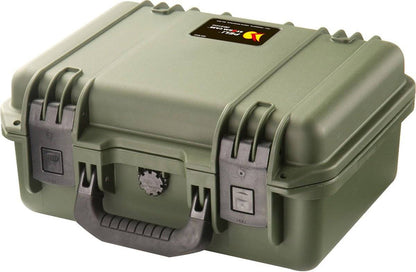 A closed, hard-shell olive green iM2100 Storm Case with a black handle, two latches, and a rectangular label on top; this watertight case offers superior protection.