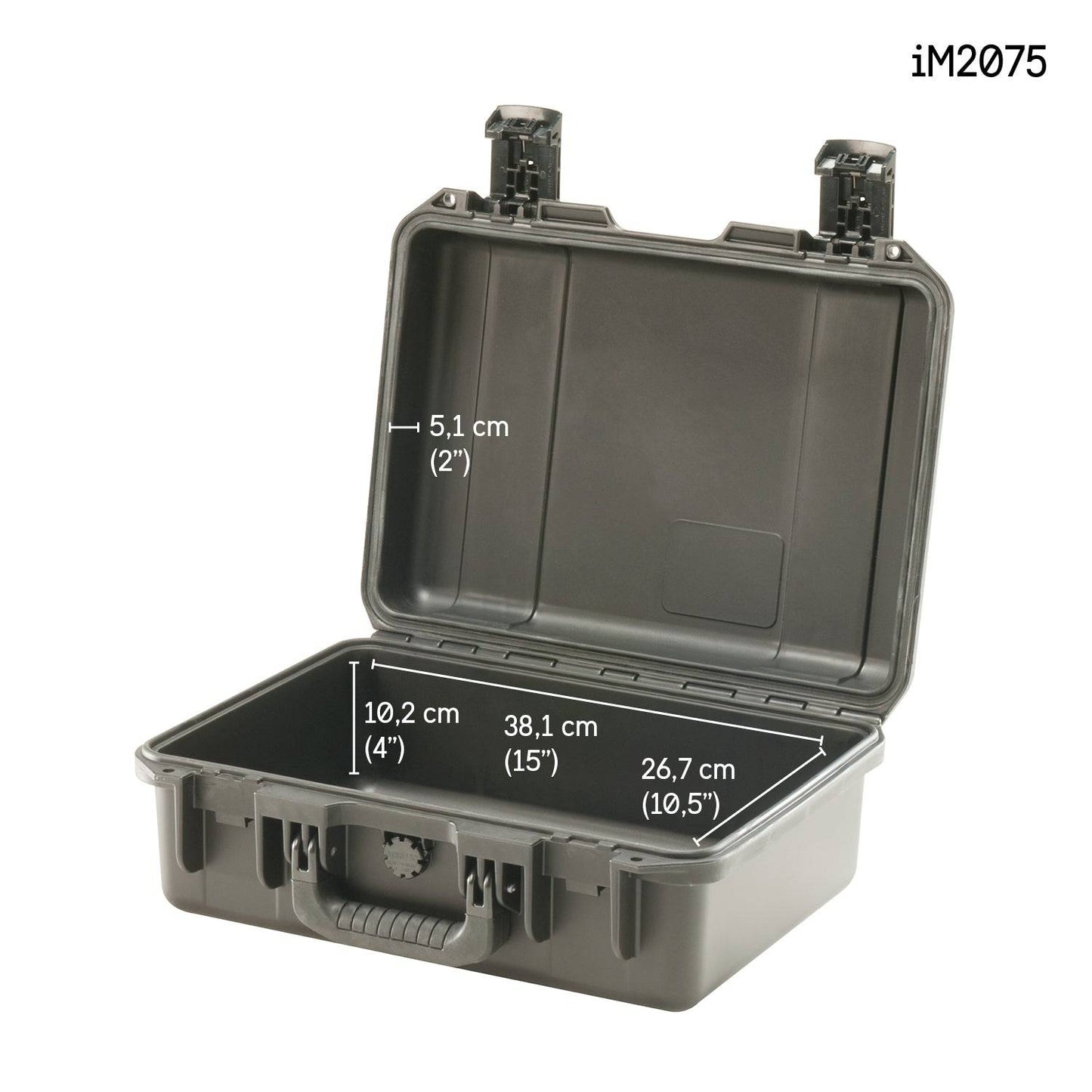 Open hard plastic PELI iM2200 Storm Case with 5.1 cm lid depth, 10.2 cm interior depth, 38.1 cm width, and 26.7 cm length; crushproof and watertight for superior protection.