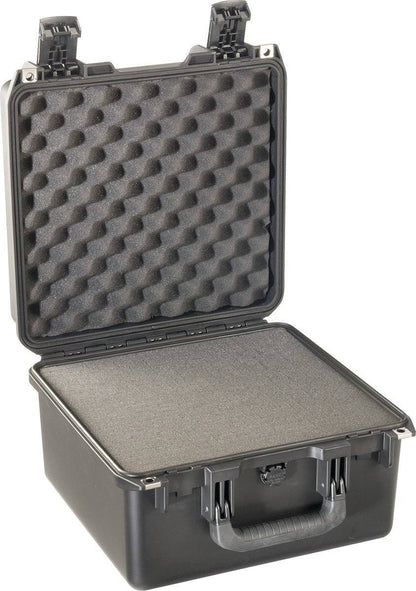 The iM2275 Storm Case is a black protective case with custom foam fittings, shown open with its hinged lid raised and two latches at the top.