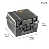 A black iM2275 Storm Case with hard plastic, handle, and custom foam inserts is shown, measuring 39.4 cm x 38.7 cm x 26 cm. Model number iM2275 appears in the top right corner.