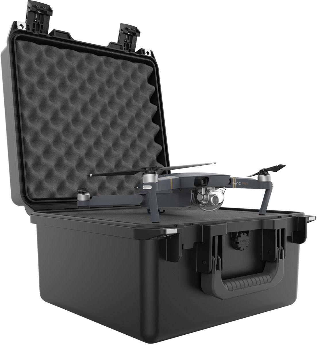 A drone is placed inside an open iM2275 Storm Case with custom foam fittings, foam padding, and a sturdy handle.