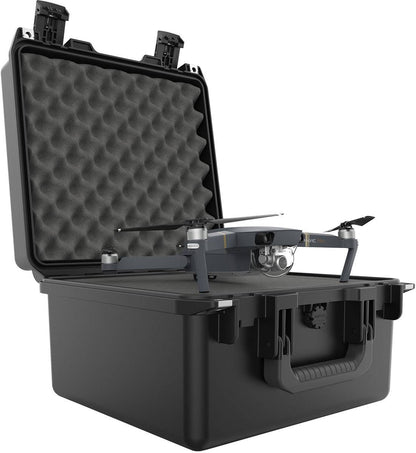 A drone is placed inside an open iM2275 Storm Case with custom foam fittings, foam padding, and a sturdy handle.