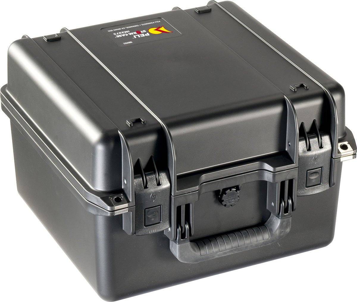 The iM2275 Storm Case is a black PELI case with a handle and secure front latches. It’s watertight and features custom foam fittings to safely transport sensitive equipment.