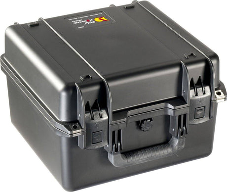 The iM2275 Storm Case is a black PELI case with a handle and secure front latches. It’s watertight and features custom foam fittings to safely transport sensitive equipment.