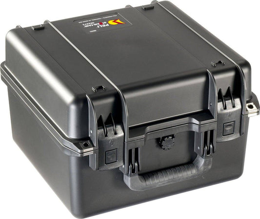 The iM2275 Storm Case is a black PELI case with a handle and secure front latches. It’s watertight and features custom foam fittings to safely transport sensitive equipment.