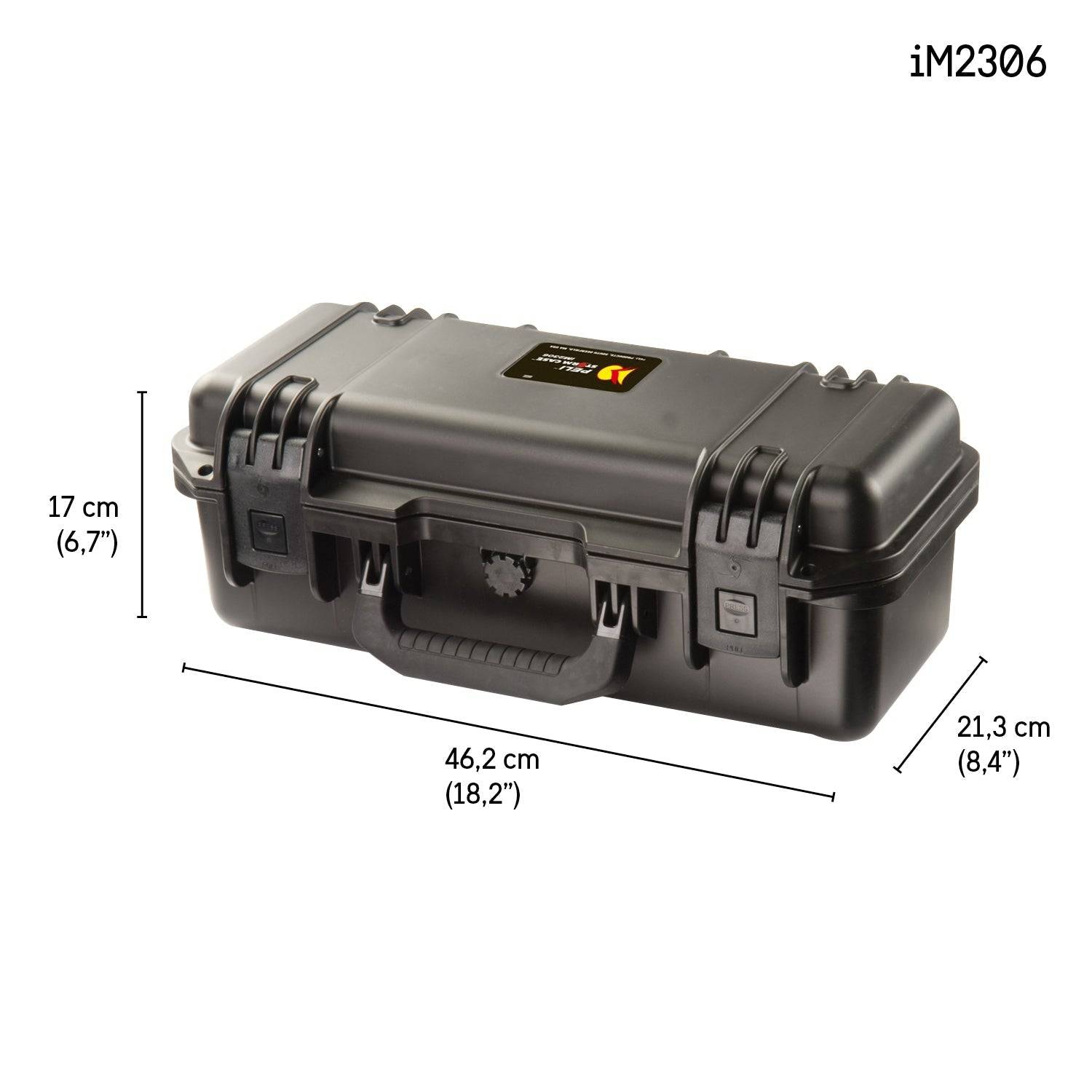 The iM2306 Storm Case is a black hard plastic protective case with a handle, measuring 46.2 cm x 21.3 cm x 17 cm. This watertight case ensures superior protection for your valuables.