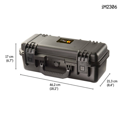 The iM2306 Storm Case is a black hard plastic protective case with a handle, measuring 46.2 cm x 21.3 cm x 17 cm. This watertight case ensures superior protection for your valuables.