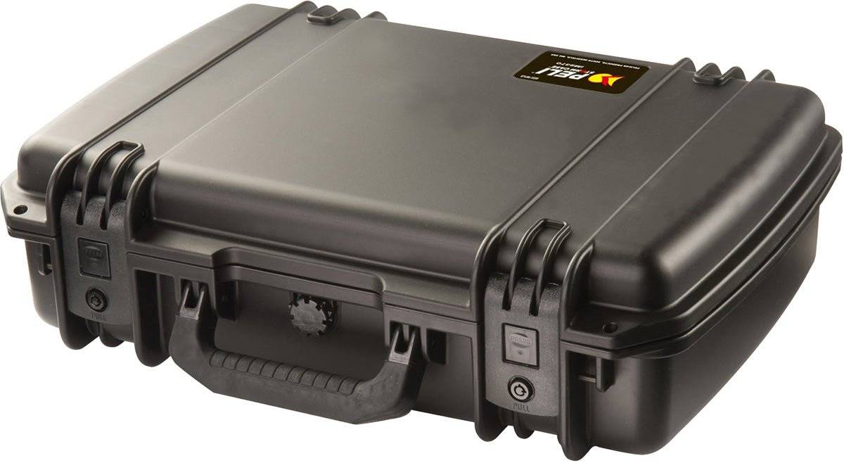 The closed black iM2370 Storm Laptop Case has a hard-shell, crushproof design with a handle, two latches, and a small Pelican label on the top corner.
