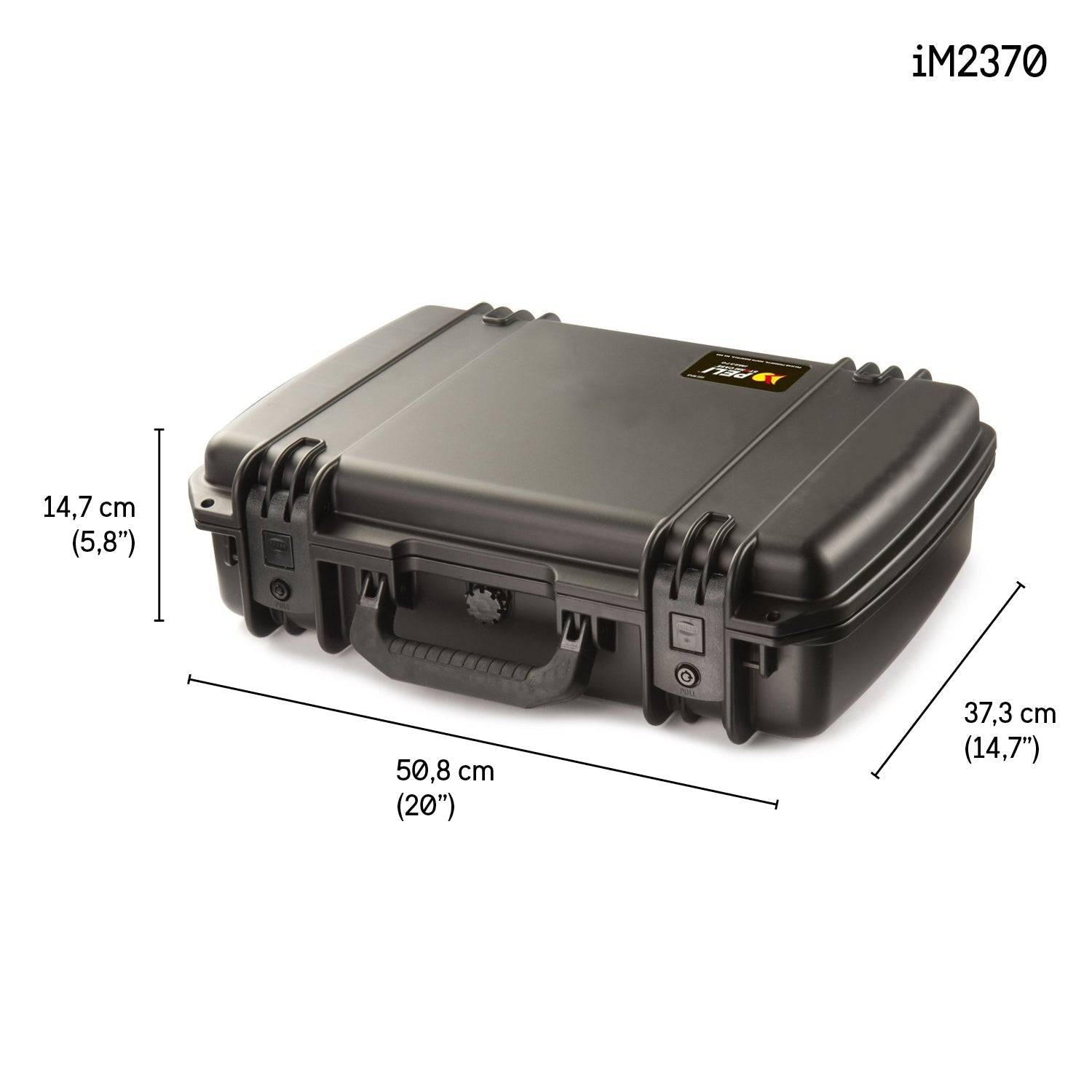 The iM2370 Storm Laptop Case is a black PELI case with latches and handle, sized 50.8 x 37.3 x 14.7 cm, shown on a white background. This watertight case provides maximum protection for your valuables.