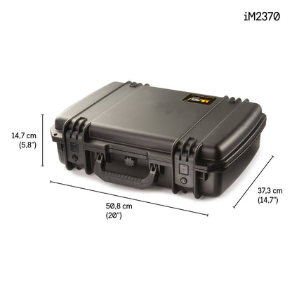 The iM2370 Storm Laptop Case is a black PELI case with latches and handle, sized 50.8 x 37.3 x 14.7 cm, shown on a white background. This watertight case provides maximum protection for your valuables.