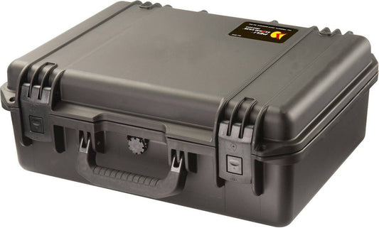 The iM2400 Storm Laptop Case is a black PELI hard-shell case with a handle and secure latches, shown closed with a small top-corner label—this durable, crushproof case protects your valuables.