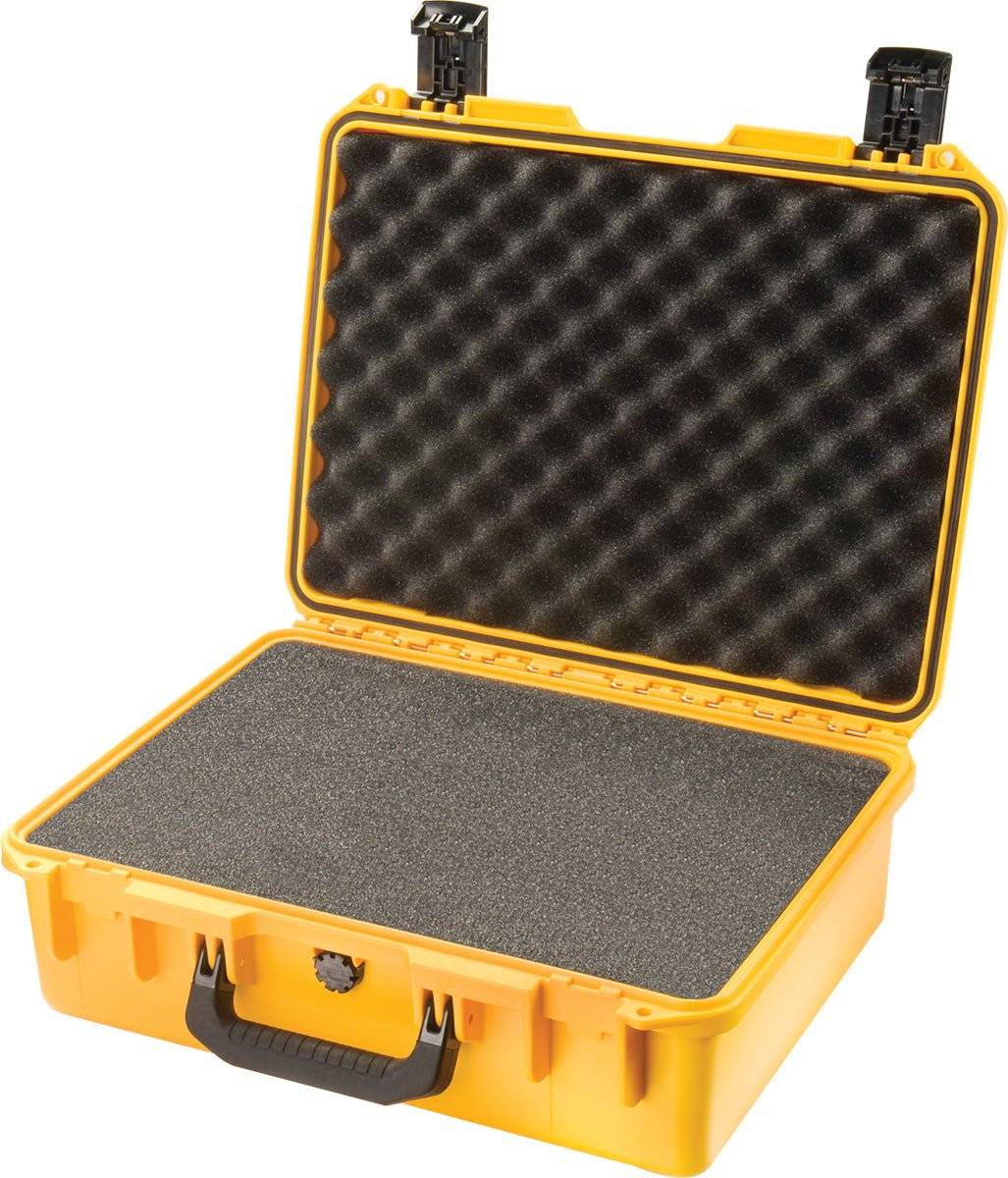 The iM2400 Storm Laptop Case is a yellow PELI case with black foam interior, shown open with two latches and a front handle. This crushproof case provides durable, watertight protection for your valuables.