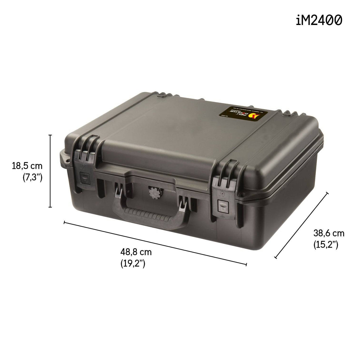 Black iM2400 Storm Laptop Case with handle, measuring 48.8 x 38.6 x 18.5 cm (19.2 x 15.2 x 7.3 in), offers crushproof, watertight protection—ideal for safeguarding your laptop on the go.
