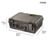 Black iM2400 Storm Laptop Case with handle, measuring 48.8 x 38.6 x 18.5 cm (19.2 x 15.2 x 7.3 in), offers crushproof, watertight protection—ideal for safeguarding your laptop on the go.