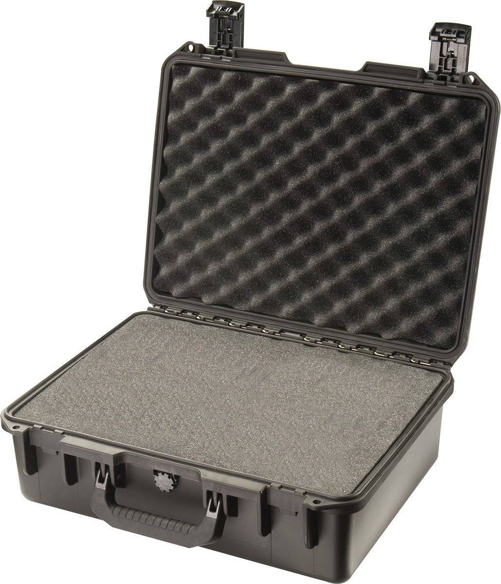 The iM2400 Storm Laptop Case is a rugged, crushproof hard plastic carrying case with foam padding inside, shown open with the lid raised and two latches unclasped—ideal for protecting your valuables.