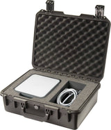 The iM2400 Storm Laptop Case features foam inserts to securely hold a flat electronic device and coiled cable. This crushproof, watertight case reveals well-designed interior compartments for optimal protection when open.